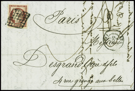 N°6 1f carmin obl grille + T15 Lyon (1851) sur lettre pour paris. TB