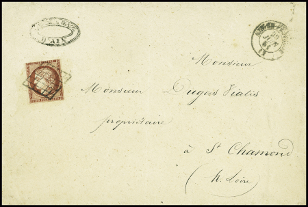 N°6 1f carmin, touché en haut, obl grille + T15 "Aix en provence 12" (1851) sur lettre pour Saint Chamond avec au verso transit Lyon, très propre