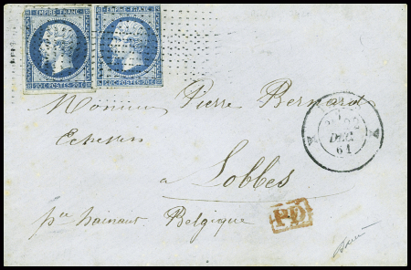 N°14, 2 pièces obl roulette de petits points n°3420 + CAD diabolo "X Paris X" (1861 - n°1367) sur lettre pour la Belgique