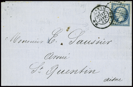 N°14 obl ronde de pointillés + CAD 2 étoiles n°1366 "XX Paris XX" (1862) sur lettre. TB