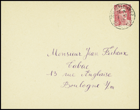N°719A 5F rose, obl CAD "Boulogne sur Mer Pas de Calais" (1.1.47 - tarif durée 1 journée) sur lettre. TB
