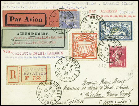 N°123 + 237 + 238 obl CAD "Le Bourget port aérien" (31.1.1930) sur lettre recommandée avion pour Pnom-Penh avec étiquette bleue "Acheminement Paris - Marseille - Karachi par Marseille - Beyrouth". Arrivée Pnompenh Cambod