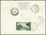 N°123 + 237 + 238 obl CAD "Le Bourget port aérien" (31.1.1930) sur lettre recommandée avion pour Pnom-Penh avec étiquette bleue "Acheminement Paris - Marseille - Karachi par Marseille - Beyrouth". Arrivée Pnompenh Cambod