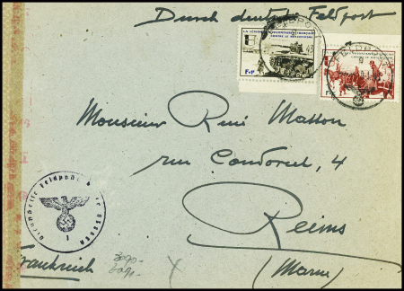 LVF n°8 + 10 obl CAD "Feldpost" (10.1.43) sur lettre avec censure OKW et cachet noir avec aigle "Dienstelle feldpostnummer 03865A" (1er bataillon du 638e RI). TB