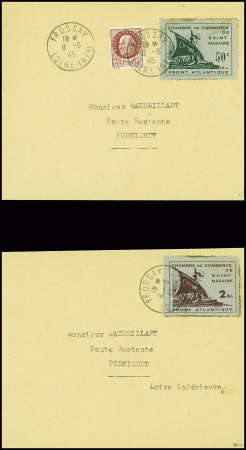 N°8 + n°517 en complément et Guerre n°9 seul obl "Frossay Loire INFre" (8.5.45) sur 2 lettres pour Pornichet, signées JF.Brun. TB