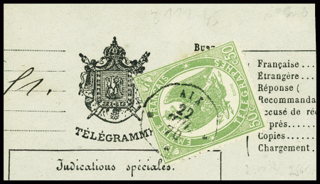 N°6 50c vert obl Aix (22 juil 70) sur fragment de télégramme avec armoiries de l'Empire. TB