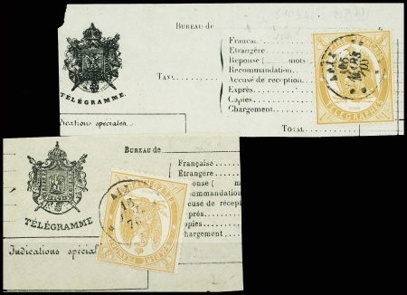 N°7 1F orange obl Aix (mars et juillet 1870) sur 2 fragments de télégramme avec armoiries de l'Empire. TB