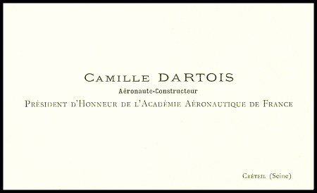 Carte de visite "Camille Dartois aéronaute constructeur - président d'honneur de l'Académie Aéronautique de France Créteil (Seine)". TB