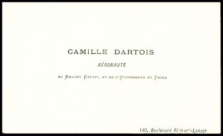 Carte de visite "Camille Dartois Aéronaute du ballon captif et de l'hippodrome de Paris - 140 boulevard Richard Lenoir". TB