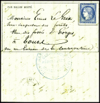 N°37, non obl sur Gazette des Absents n°10 du 23 nov 1870 adressée à un fonctionnaire à Tours avec au verso cachet bleu "Dartois et Yon aéronautes du gouvernement". Pli confié du ballon monté "La Ville d'Orléans". RR. TB