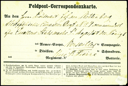 Feldpost-Correspondenzkarte datée de Saint Germain en Laye adressée à un officier du régiment Westphalien de l'état major de sa majesté le roi à Versailles (pas de cachet postal). TB