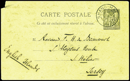 Entier carte postale 10c Sage obl CAD "Shang-Haï Chine" (1892) adressée à Jersey. TB