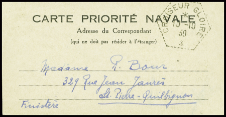 Petite carte priorité navale avec CAD haxagonal "Croiseur Gloire" (10.10.39). TB