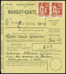 N°283 en paire obl CAD "Poste navale bureau n°18" (9.5.40 - Lorient) sur mandat-carte pour Valenciennes. TB