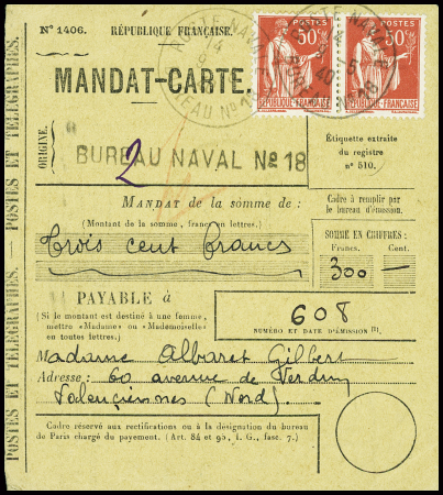 N°283 en paire obl CAD "Poste navale bureau n°18" (9.5.40 - Lorient) sur mandat-carte pour Valenciennes. TB
