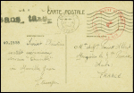 Carte postale en franchise expédiée du croiseur Tourville interné à Alexandrie avec cachet rouge avec ancre "Marine française service à la mer" et griffe noire "sans taxe". Rare et TB