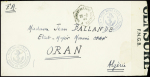Lettre en franchise avec CAD hex "Batiment de ligne Richelieu" (25.2.44) + cachet bleu avec ancre "Poste navale FNGB bureau du vaguemestre" + bande imprimée "censure FNGB" (forces navales en Grande-Bretagne - époque où l