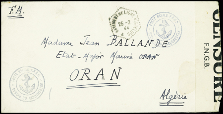 Lettre en franchise avec CAD hex "Batiment de ligne Richelieu" (25.2.44) + cachet bleu avec ancre "Poste navale FNGB bureau du vaguemestre" + bande imprimée "censure FNGB" (forces navales en Grande-Bretagne - époque où l