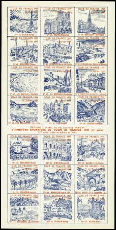Feuillet de 21 vignettes non dentelées du Tour de France cycliste 1949 (ed. J.Foret). TB