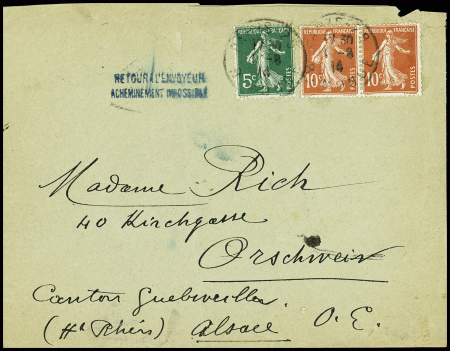 N°137 + 138 en paire obl Paris 29 (1.8.1914 - 1er jour de rupture des relations postales avec l'Allemagne) sur lettre pour l'Alsace avec petite griffe bleue "retour à l'envoyeur acheminement impossible". TB