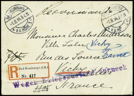 Lettre recommandée de Bad Homburg (1.8.14) pour Vichy avec griffe violette "Wegen Kriegszustand zuruck" (rupture des relations postales). Rare dans le sens Allemagne - France. TB