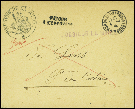 Lettre en franchise avec CAD "Bordeaux St Projet Gironde" (4.10.14) + cachet noir avec déesse assise "Ministère de la guerre" (ministère replié). TB