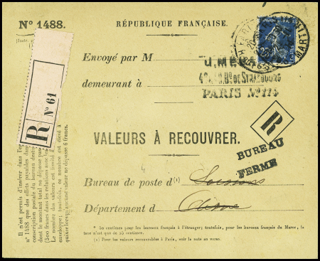 N°140 obl Paris (nov 1914) sur env des valeurs à recouvrer pour Soissons avec griffe noire "Bureau fermé" (invasion allemande). TB