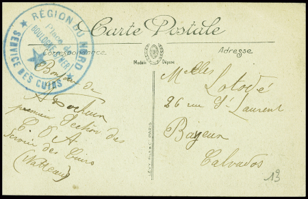Carte postale en franchise avec cachet vert "Région du Nord place de Boulogne sur mer service des cuirs". TB
