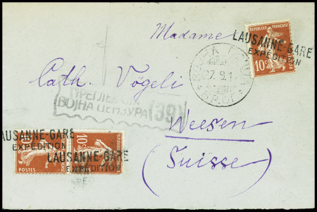 N°138, 10c semeuse rouge, 3 pièces obl linéaire suisse "Lausanne gare expédition" sur lettre de Serbie pour le consul Vogeli à Weesen (Suisse). TB