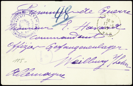 Lettre en franchise de Hyères Var (1917) pour un prisonnier français en Allemagne avec au verso grand cachet rect bleu "retour à l'envoyeur les lettres ouvertes sont seules admises pour les prisonniers de guerre". TB