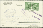 Autriche n°104 en paire obl Karlsbad (1915) sur carte postale pour Lille occupée avec cachet ovale noir "Gepruft Pass -zentralle Gouvernement - Lille" + griffe violette "Mairie de Lille 19 juil 1915". TB