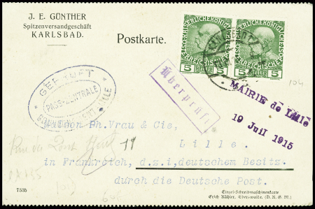 Autriche n°104 en paire obl Karlsbad (1915) sur carte postale pour Lille occupée avec cachet ovale noir "Gepruft Pass -zentralle Gouvernement - Lille" + griffe violette "Mairie de Lille 19 juil 1915". TB