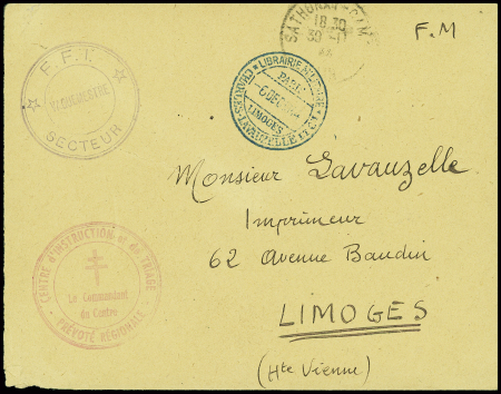 Ain : lettre en franchise avec CAD de Sathonay-Camp (nov 44) + cachet violet "FFI - secteur - vaguemestre (les lots suivants constituent la 1ère partie d'une collection de marques des Forces Françaises de l'Intérieur)
