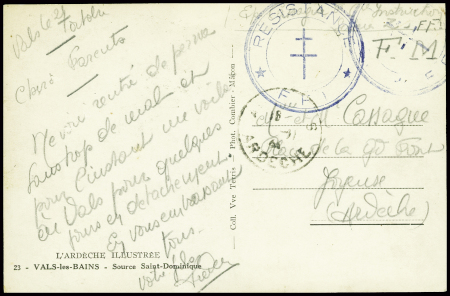Ardèche - Carte postale avec CAD d'Aubenas (1944) + cachet bleu à croix de Lorraine "Résistance FFI". TB
