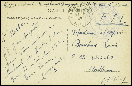 Allier - Carte postale en franchise avec CAD de Gannat Gare (1945) + cachet bleu "Forces françaises de l'intérieur (Allier) - dépôt caserne Richemond - vaguemestre". TB