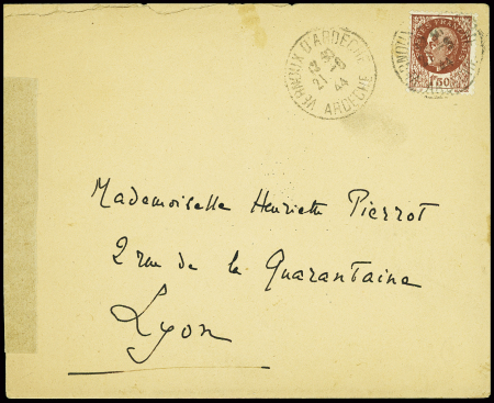 Ardèche - N°517 obl Vernoux d'Ardèche - Ardèche (21.6.44) sur lettre pour Lyon avec au verso bande de papier avec mention manuscrite "censure FTPF" seule pièce connue. TB