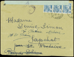 N°549 en bande de 3 obl Lamastre Ardèche (28.6.44) sur lettre avec bande verte "Vérifié par la censure des FFI" et marque "3" au tampon. Seule pièce vue. TB