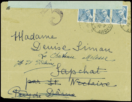 N°549 en bande de 3 obl Lamastre Ardèche (28.6.44) sur lettre avec bande verte "Vérifié par la censure des FFI" et marque "3" au tampon. Seule pièce vue. TB