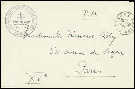 Lettre en franchise avec CAD "St Girons Ariège" (janv 1945) et cachet noir à Croix de Lorraine "Forces Françaises de l'Intérieur - Ariège - Médecin chef Saint Girons". TB