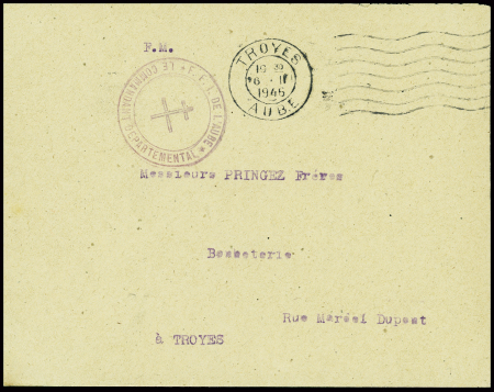Aube : lettre en franchise avec obl mec "Troyes Aube" (1945) + cachet violet avec Croix de Lorraine "FFI de l'Aube - le commandant départemental". TB