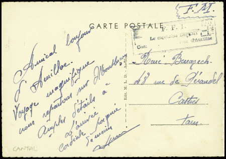 Cantal - Carte postale en franchise du Puy-Griou avec cachet rect bleu "FFI le capitaine Benoit Commandant de la place d'Aurillac". TB