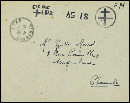 Charente - Lettre en franchise avec CAD "Luxe Charente" (10.10.44) + griffe noire à Croix de Lorraine "Cie de Luxe" + griffe "A5 18" et Croix de Lorraine dans un cercle. TB