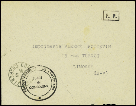 Lettre en franchise de Confolens (1945) + cachet noir "Forces Françaises de l'Intérieur - Place de Confolens", déchirure peu visible sinon TB