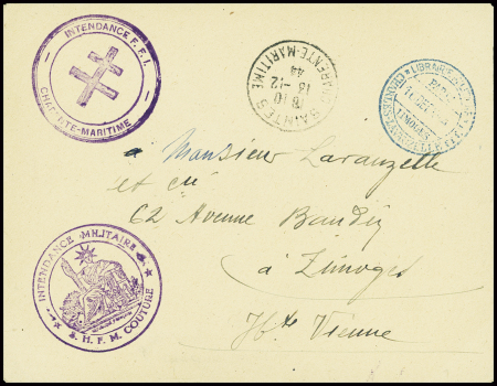 Charente Maritime : lettre de Saintes (13.12.44) avec cachet violet à Croix de Lorraine "Intendance FFI Charente Maritime" + cachet violet avec déesse assise "Intendance militaire AHFM Couture". TB