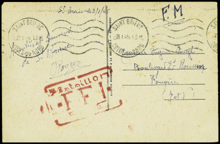 Côtes du Nord : carte postale en franchise avec obl mec "Saint Brieuc Cotes du Nord" (3.1.45) + ccahet rect rouge "3e bataillon FFI". TB
