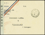 Dordogne : lettre en franchise censurée à en-tête "FFI Dordogne" avec bandeau tricolore + CAD "Poste aux armées" (31.1.45). TB