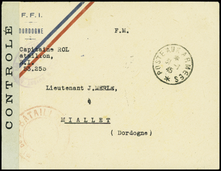 Dordogne : lettre en franchise censurée à en-tête "FFI Dordogne" avec bandeau tricolore + CAD "Poste aux armées" (31.1.45). TB
