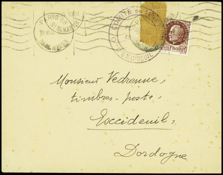 N°517 obl Paris 88 (19.6.44) sur lettre pour Excideuil (Dordogne) avec censure bande de scotch + cachet violet "Comité de libération d'Excideuil - République française". RR et TB