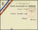 Gironde : lettre en franchise avec croix de Lorraine + bandeau tricolore + en tête "Ive république forces françaises de l'Intérieur - Etat major - 18e région" + cachet rouge avec croix de Lorraine "Bataillon Bayard RF Do