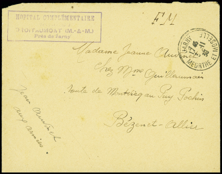 Lettre en franchise de Jarny Meurthe et Moselle (3.11.39) avec cachet rect violet "Hopital complémentaire Droitaumont (M & M) près de Jarny". TB